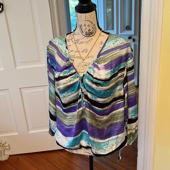 Zac & Rachel Tops - Zac & Rachel Abstract Stripes Satiny Blouson Top Sz L EUC